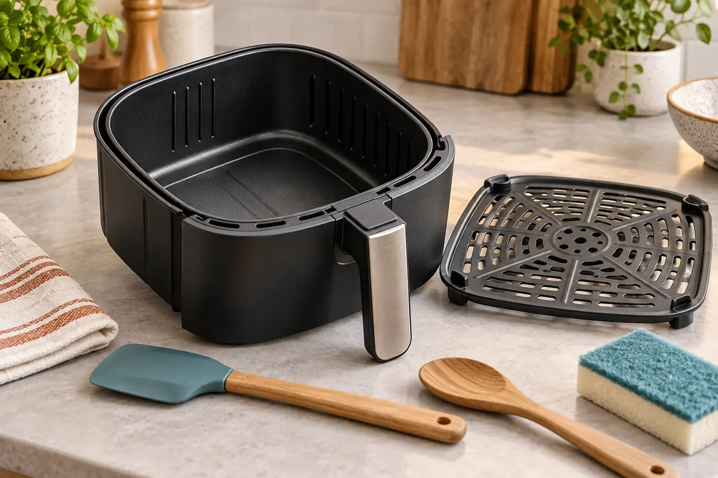 Clean air fryer non-stick basket with silicone and wooden utensils