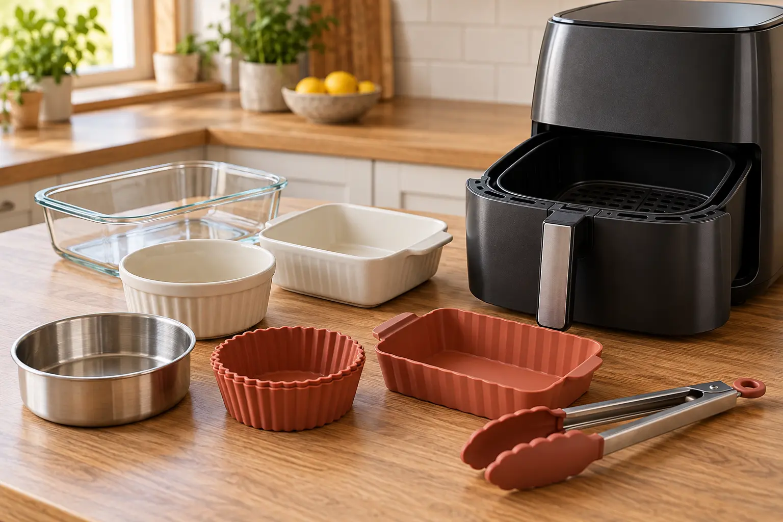 Glass, ceramic, stainless-steel and silicone air fryer containers with silicone tongs