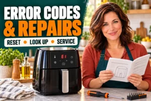 Clara Bennett uses the appliance manual to look up an E1 air fryer error code.