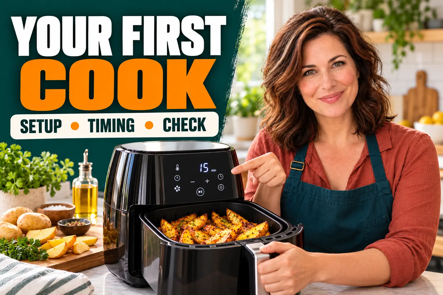 Clara Bennett checks the controls and first batch in a new air fryer.