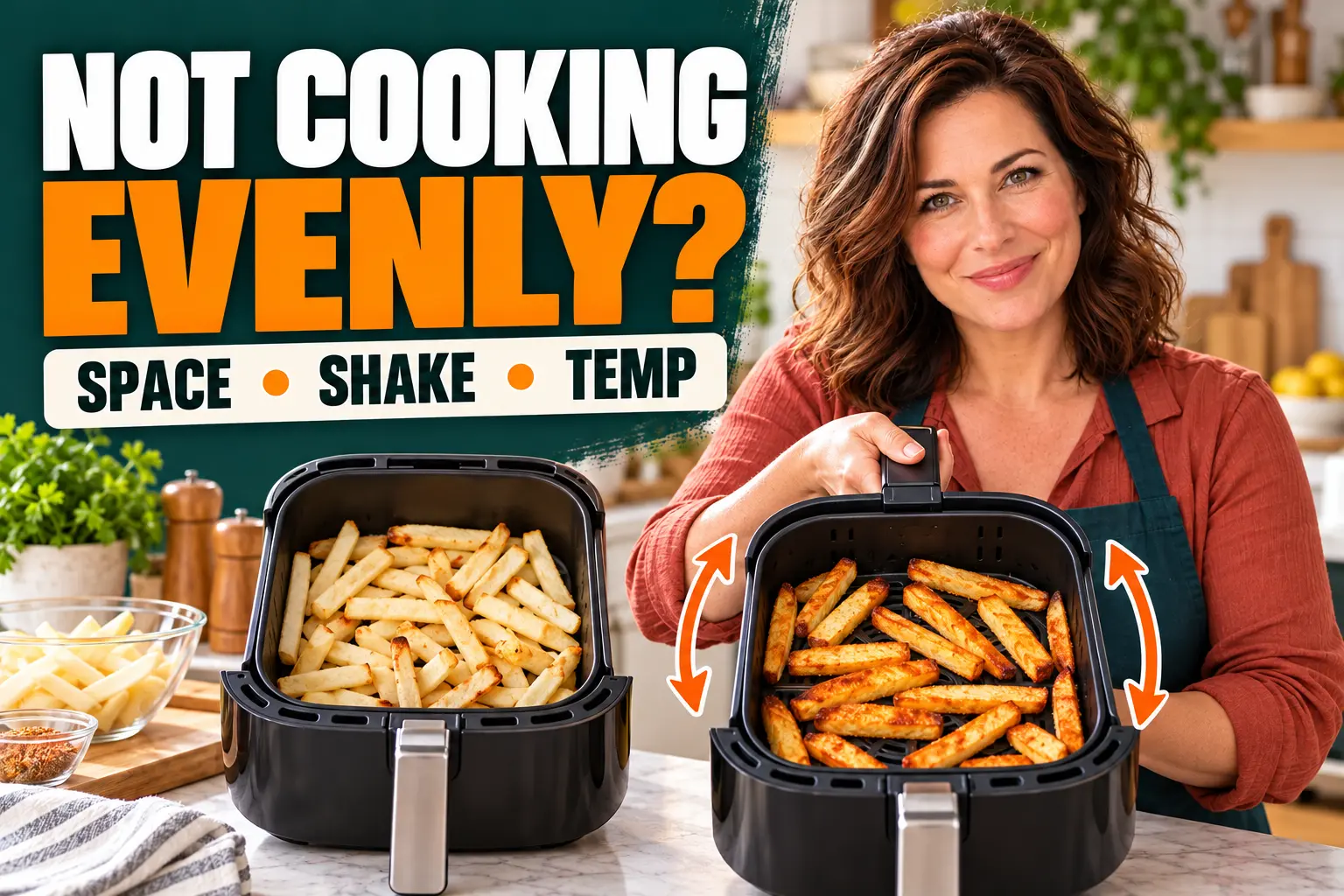 Clara Bennett compares overcrowded and evenly spaced air fryer food.