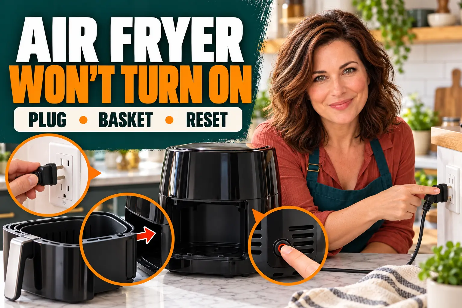 Clara Bennett checks the plug, basket and reset control on an air fryer.