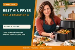 Clara Bennett presents a family-of-four meal beside a large air fryer.