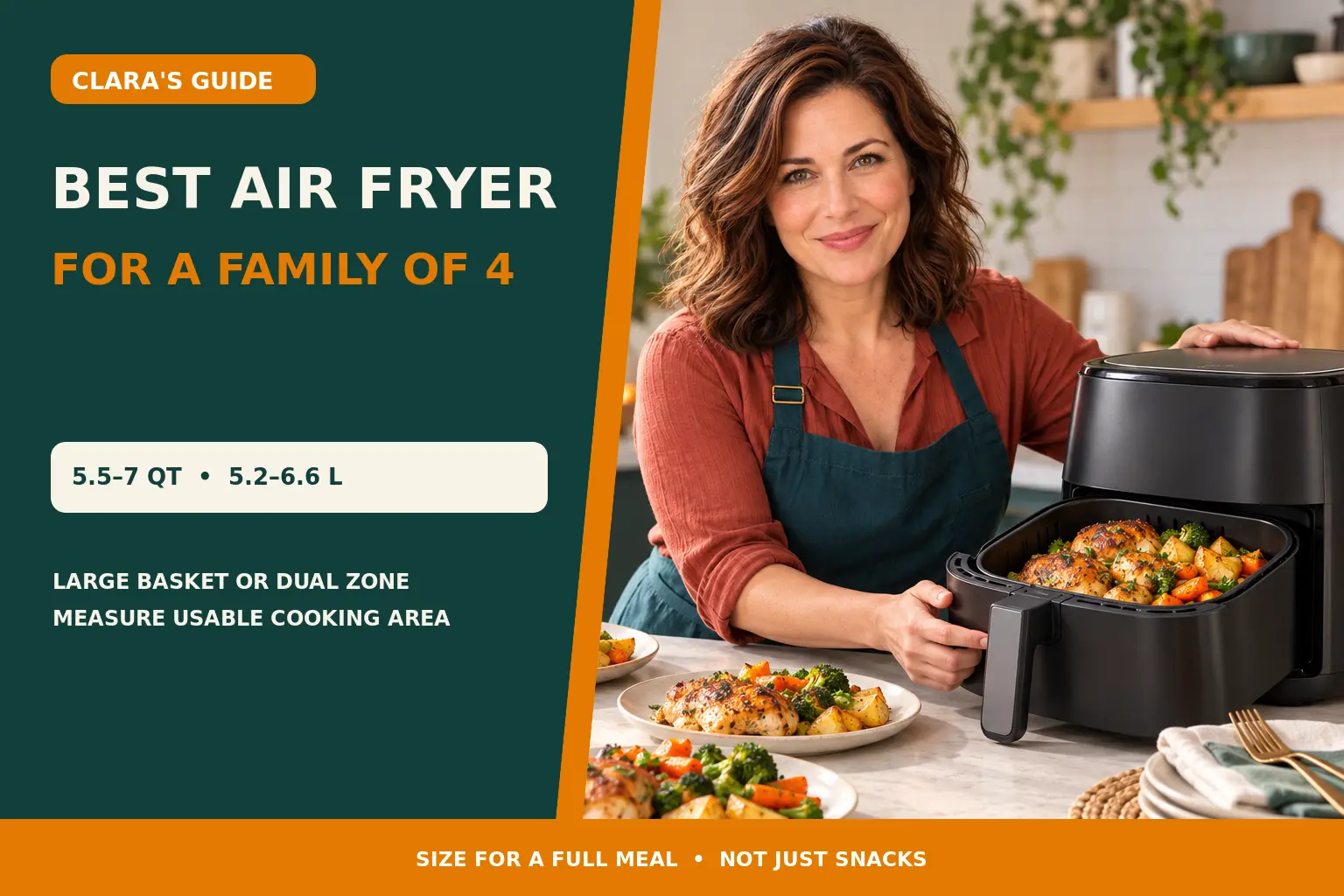 Clara Bennett presents a family-of-four meal beside a large air fryer.