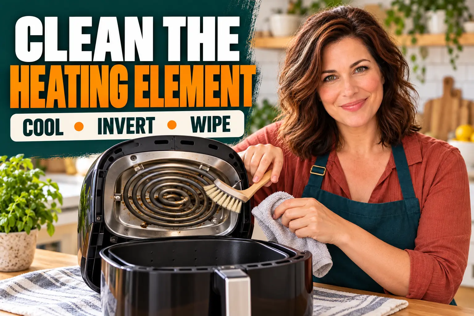Clara Bennett cleans a cooled air fryer heating element with a soft brush.