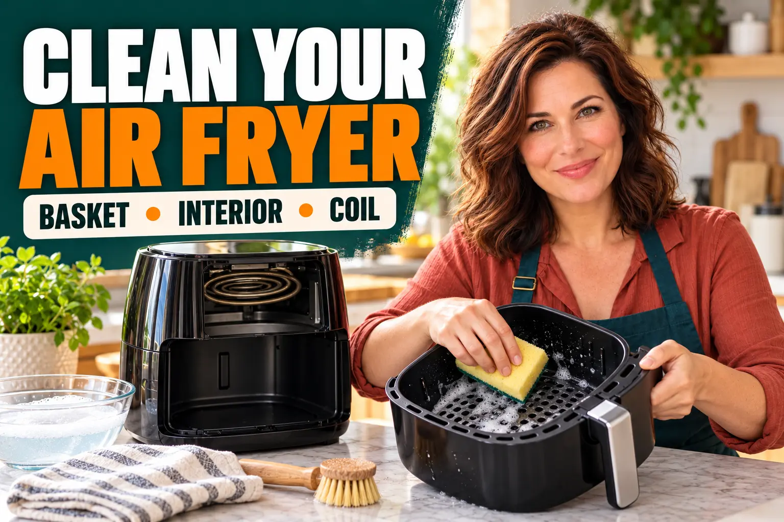 Clara Bennett cleans an air fryer basket, interior and heating coil.