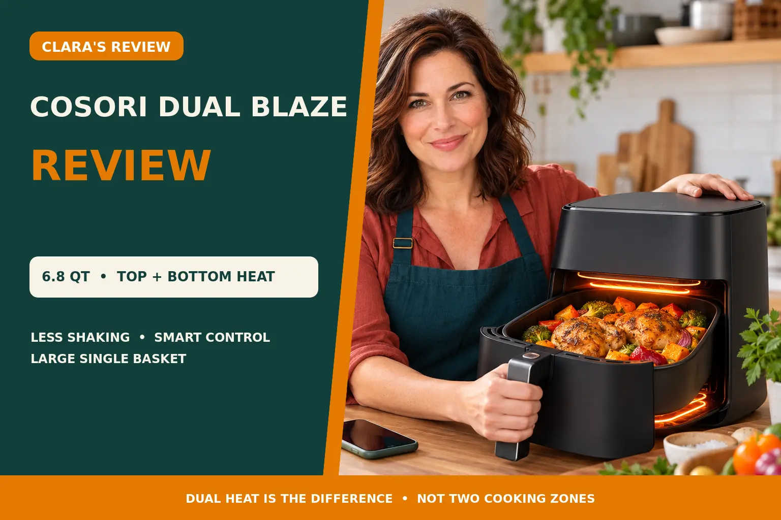 Clara Bennett explains top and bottom heating in a Cosori Dual Blaze-style air fryer.