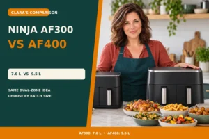 Clara Bennett compares 7.6 L and 9.5 L dual-zone air fryers representing Ninja AF300 and AF400.