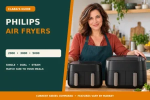 Clara Bennett compares Philips 2000, 3000 and 5000 Series air fryer formats.