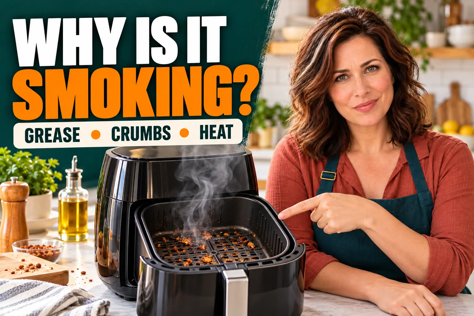 Clara Bennett points to grease and crumbs that can make an air fryer smoke.