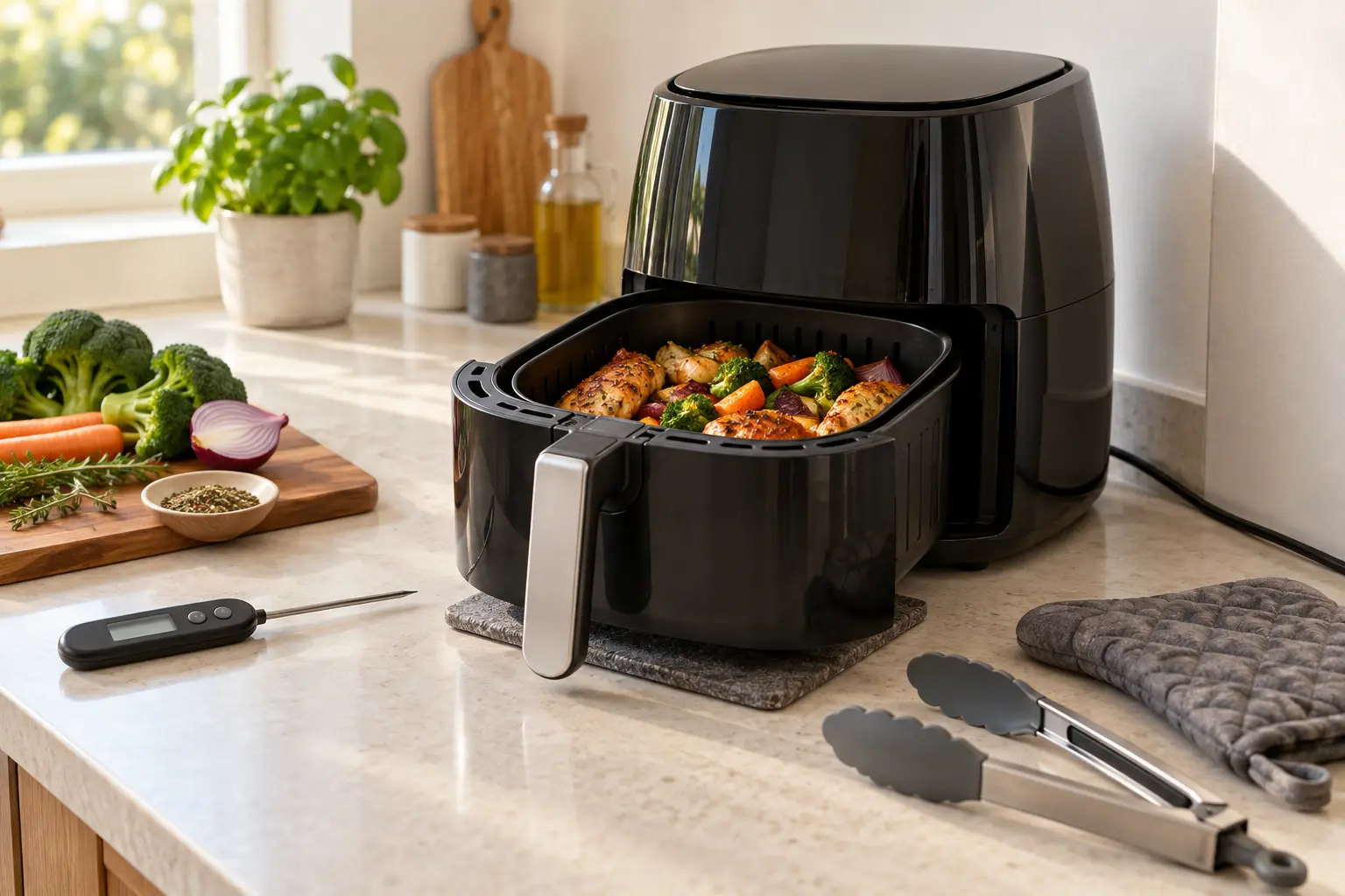 Air fryer used safely with a food thermometer, silicone tongs and oven mitt