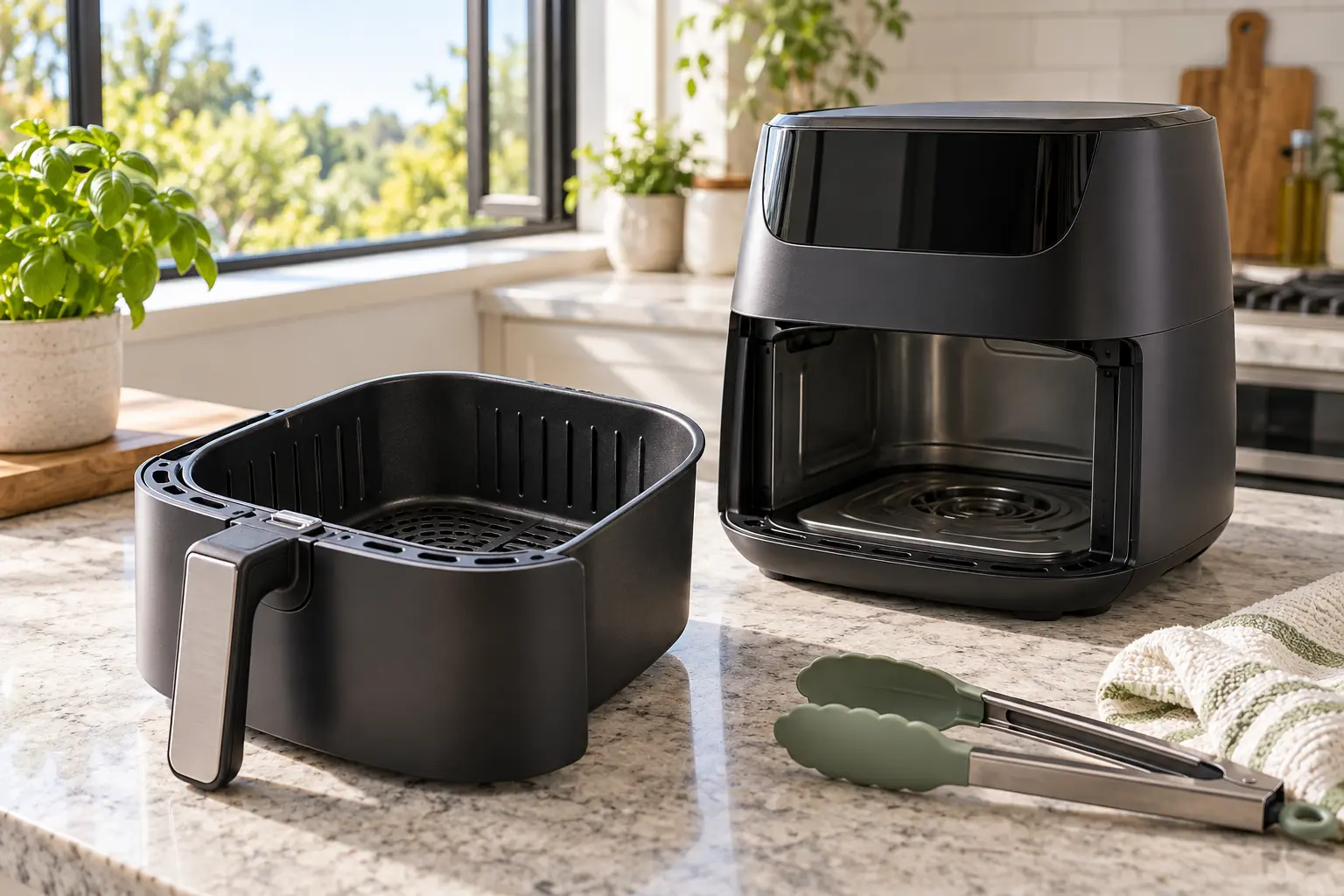 Clean air fryer basket, open window, silicone tongs and cloth on a kitchen counter